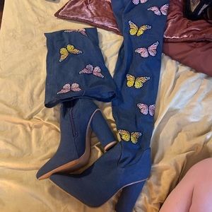 Denim knee high butterfly boots